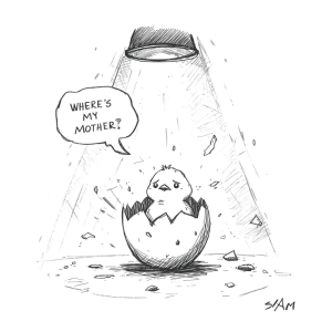 Tekening van een kuiken dat onder een broedlamp uit het ei komt en vraagt: Where's my mother?